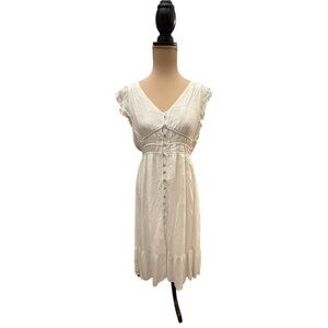 White Rewind Button Detail Flutter Sleeve Midi Dress